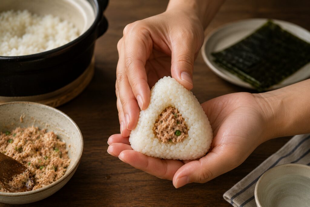 Onigiri med tunfiskmajones – japanske risboller Hender som former japansk onigiri til en trekant