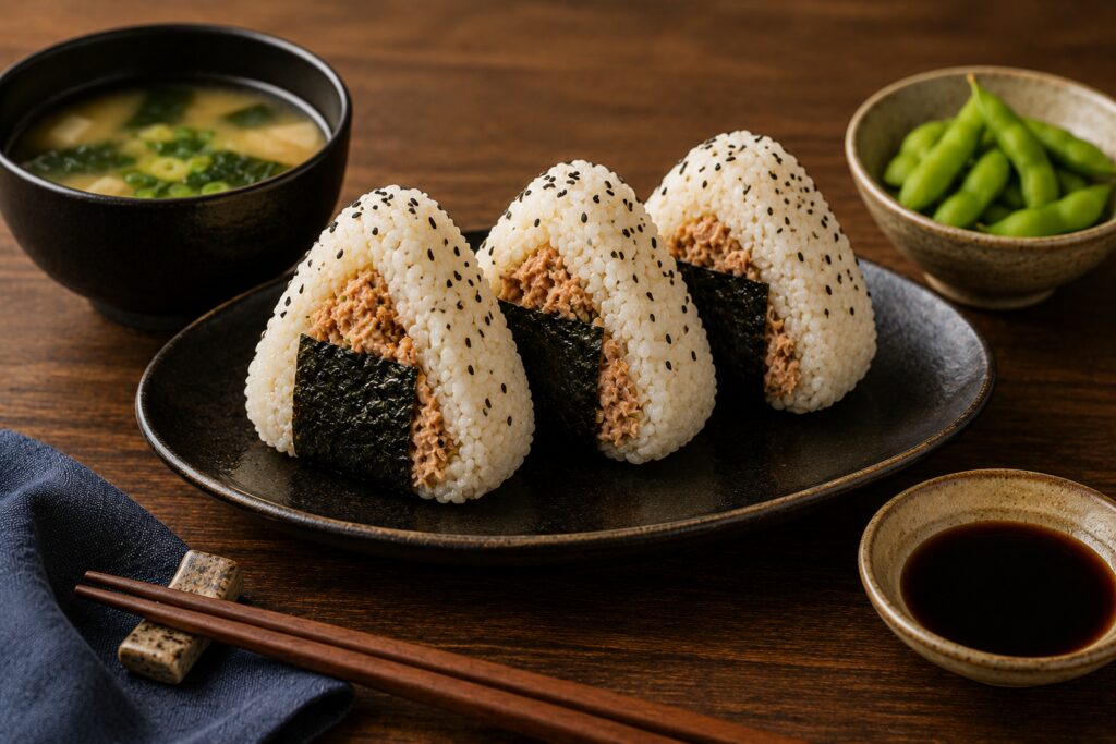 Onigiri med tunfiskmajones – japanske risboller Kokt japansk kortkornet ris til onigiri