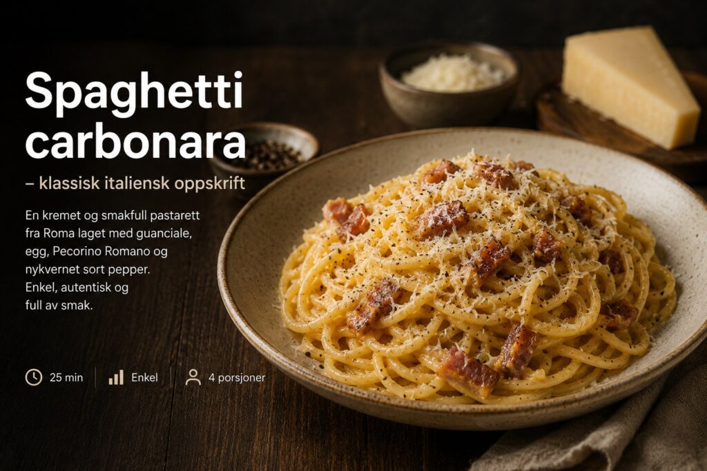 Ferdig spaghetti carbonara i en panne, toppet med Pecorino Romano og sort pepper