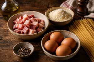 Spaghetti carbonara – klassisk italiensk oppskrift Ingredienser til spaghetti carbonara: spaghetti, guanciale, egg og Pecorino Romano