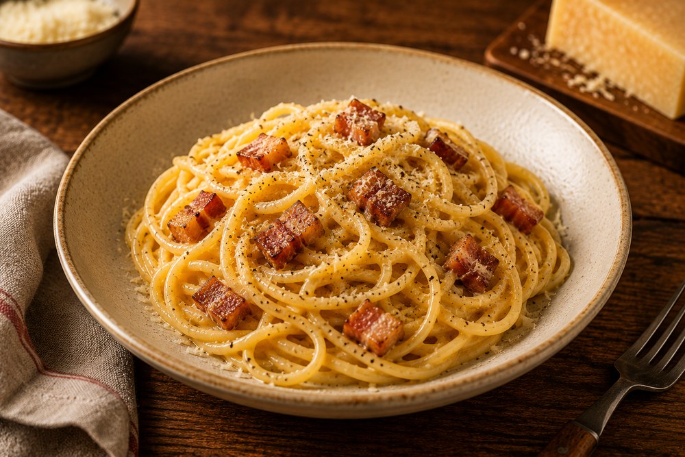 Spaghetti carbonara – klassisk italiensk oppskrift Ferdig servert spaghetti carbonara på tallerken med Pecorino Romano og sort pepper