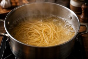 Spaghetti carbonara – klassisk italiensk oppskrift Spaghetti som kokes i en kjele med vann