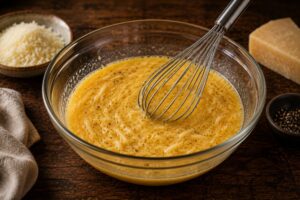 Spaghetti carbonara – klassisk italiensk oppskrift Egg vispet sammen med revet Pecorino Romano og sort pepper i en bolle