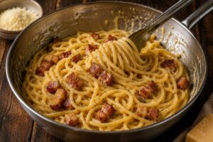 Spaghetti carbonara – klassisk italiensk oppskrift Spaghetti carbonara blandes med eggesaus og guanciale i en panne